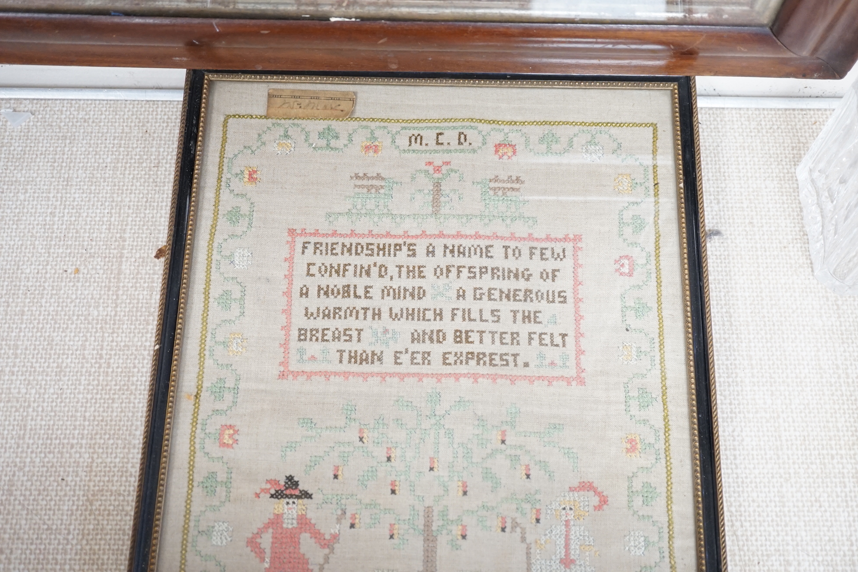 Five various Victorian needlework samplers, and another, 1927, largest 41cm wide x 46cm high